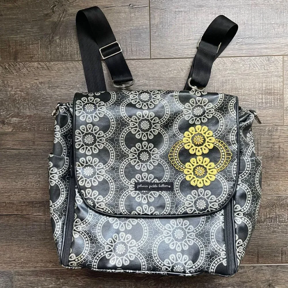 Petunia Pickle Bottom Diaper Bag Backpack Gray & Black, fold out changing